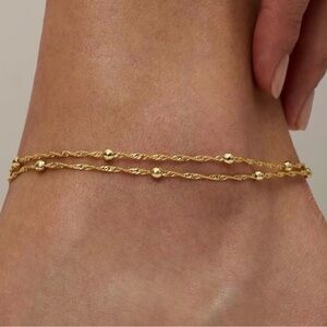 NEW 14k Gold Plated Beaded Double-Ankle Chain Bracelet